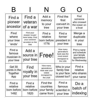 Family History Activity Bingo Card