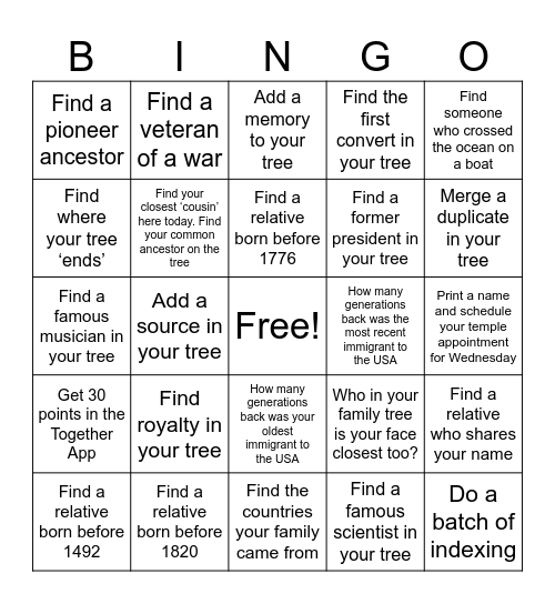 Family History Activity Bingo Card