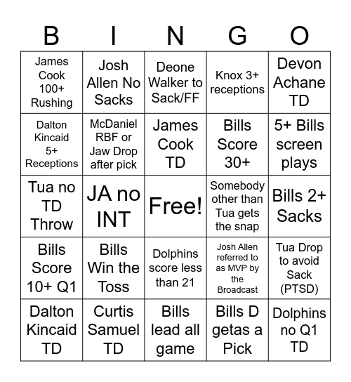 Bills vs. Dolphins Bingo Card