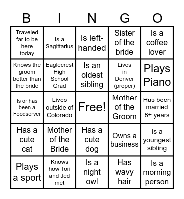 Wedding Shower "BLACKOUT" BINGO! The first person to fill out their card with names to "BLACKOUT" wins!  To make sure we all get a chance to meet someone new, please try to ensure that no single guest's name appears more than once on your BINGO card. Bingo Card