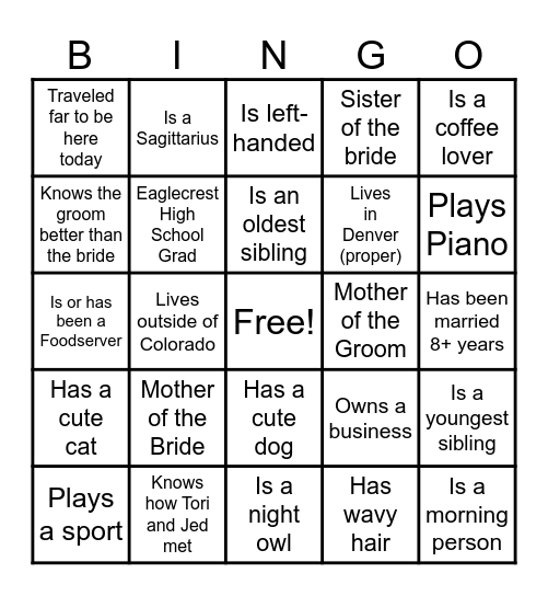 Wedding Shower "BLACKOUT" BINGO! The first person to fill out their card with names to "BLACKOUT" wins!  To make sure we all get a chance to meet someone new, please try to ensure that no single guest's name appears more than once on your BINGO card. Bingo Card
