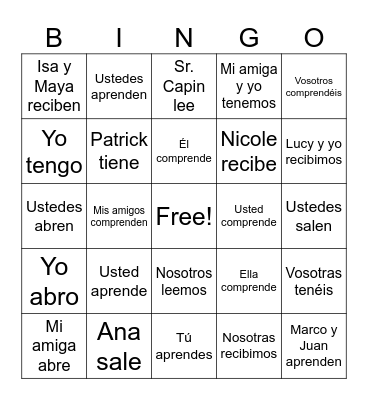 -er/-ir verbs conjugations Spanish Bingo Card