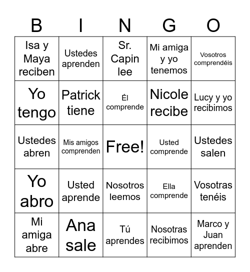 -er/-ir verbs conjugations Spanish Bingo Card
