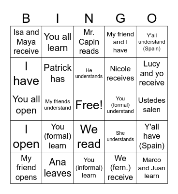 -er/-ir verbs conjugations English Bingo Card