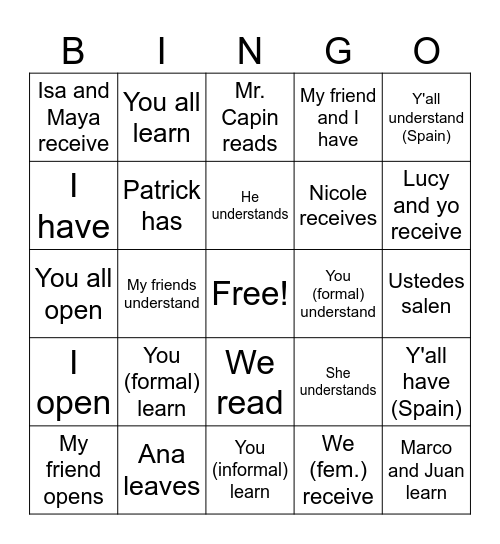 -er/-ir verbs conjugations English Bingo Card