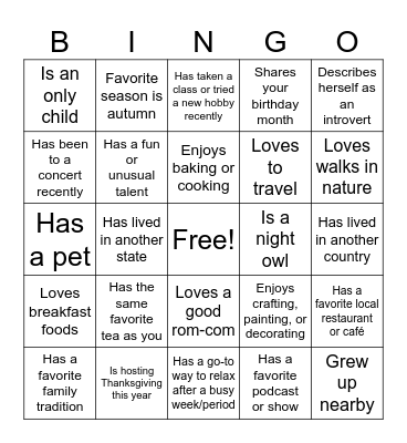 Afternoon Tea Bingo Card