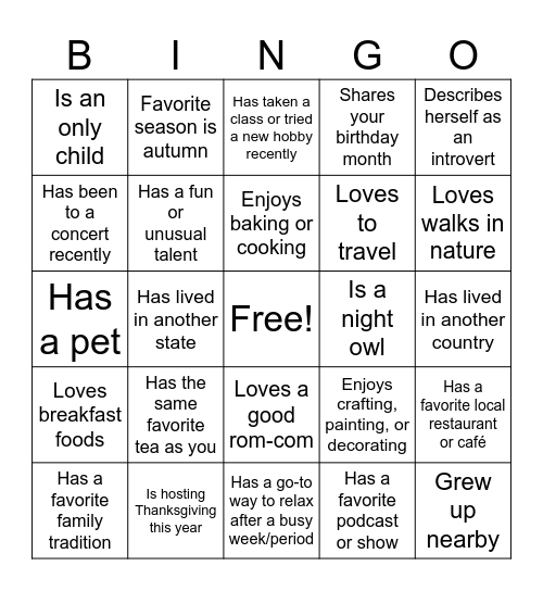 Afternoon Tea Bingo Card