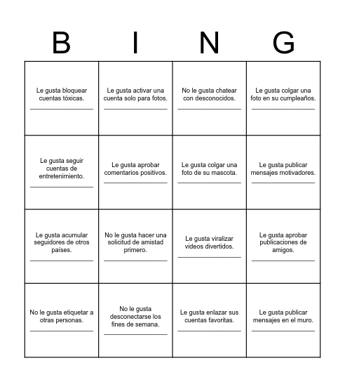 Lo que solemos hacer en las redes sociales Bingo Card