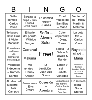 Bingo Musical Bingo Card