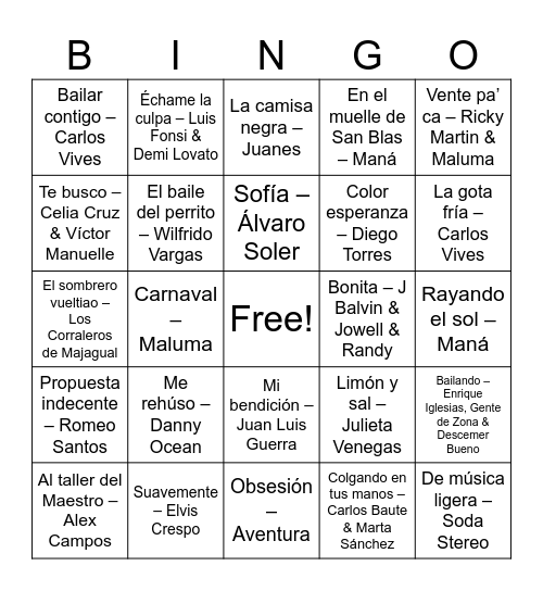 Bingo Musical Bingo Card