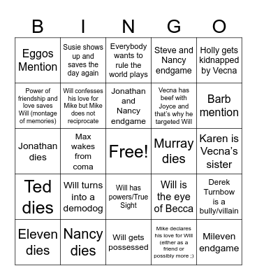 Stranger Things 5 Bingo Card