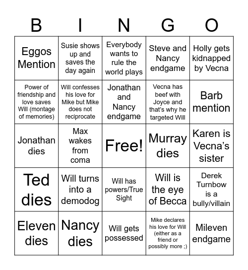 Stranger Things 5 Bingo Card