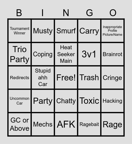 Rocket League Bingo Card