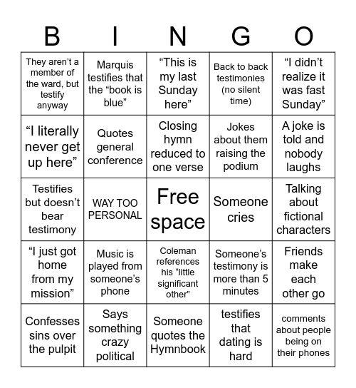 Bluff Testimony Bingo Card