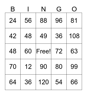 Jada's Multiplication Game (level 3) Bingo Card