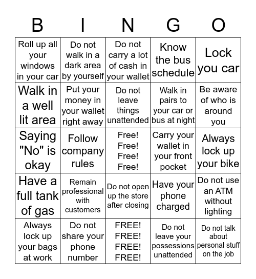 Avoiding Dangerous Situations Bingo Card