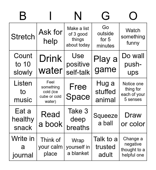 Coping Skills Bingo Card