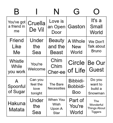 Disney Hits Bingo Card