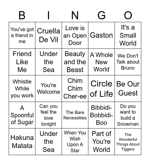Disney Hits Bingo Card