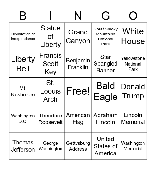 U.S. Presidents & Symbols Bingo Card