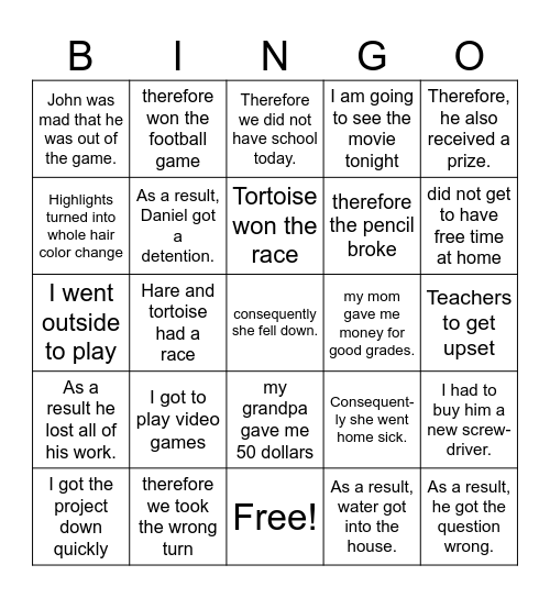 Cause and Effect Bingo Card