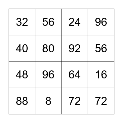 8 Times Table Bingo Card