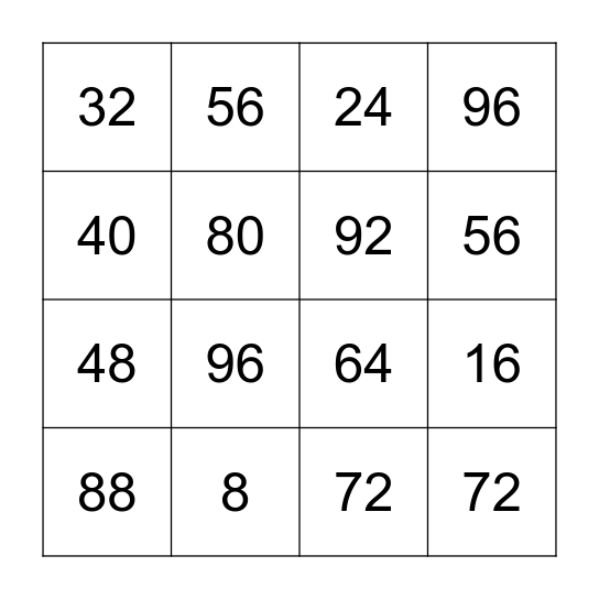 8 Times Table Bingo Card