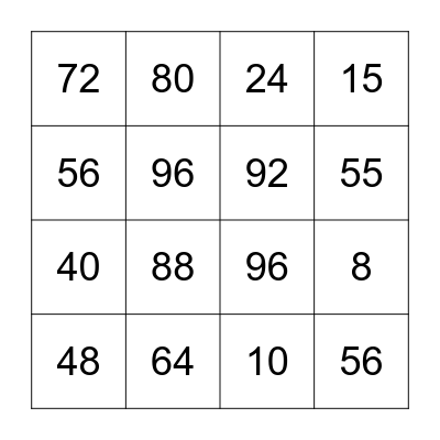 8 Times Table Bingo Card