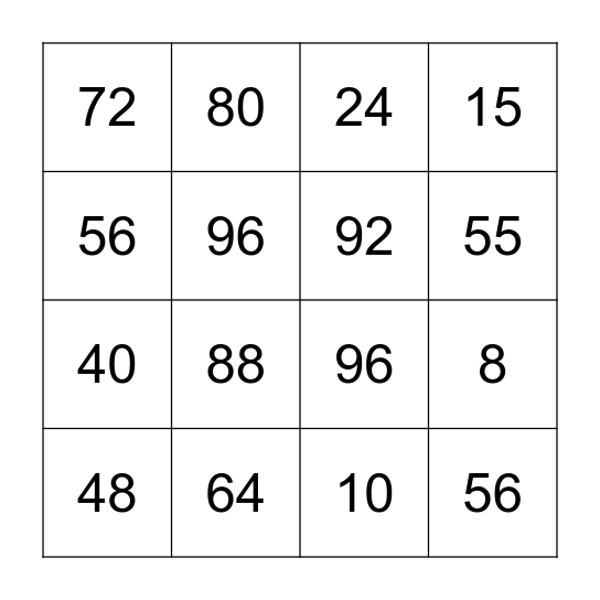 8 Times Table Bingo Card