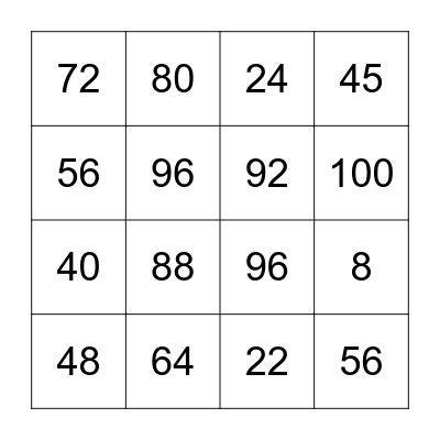 8 Times Table Bingo Card