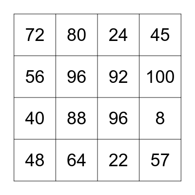 8 Times Table Bingo Card