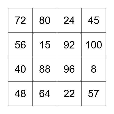 8 Times Table Bingo Card