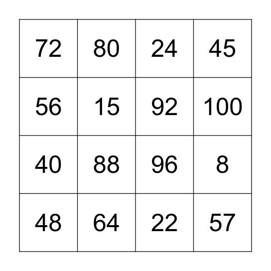 8 Times Table Bingo Card