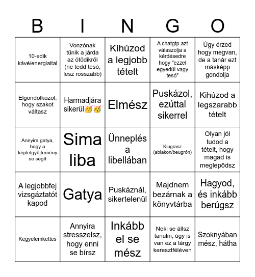Vizsgaidőszak Bingo Card