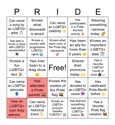 PRIDE Bingo Card