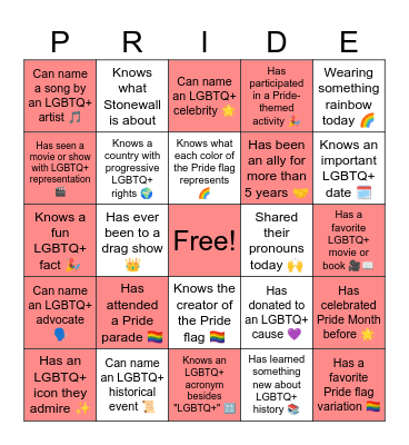 PRIDE Bingo Card