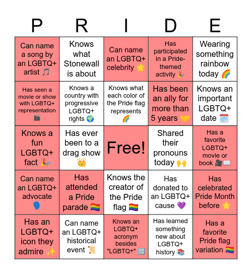 PRIDE Bingo Card