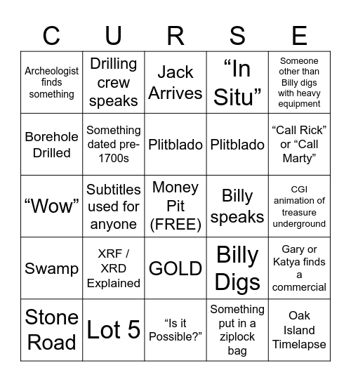 Curse of Oak Island Bingo Card