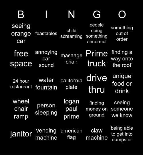 rest stop Bingo Card