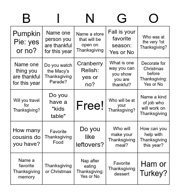 THANKSGIVING Bingo Card