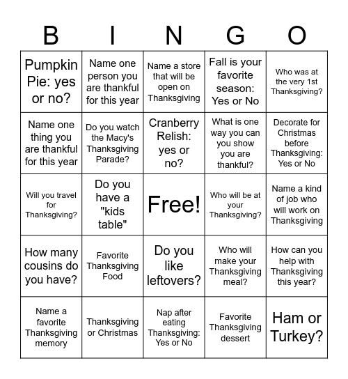 THANKSGIVING Bingo Card