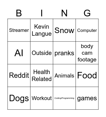 Torrey's Youtube Shorts Bingo Card
