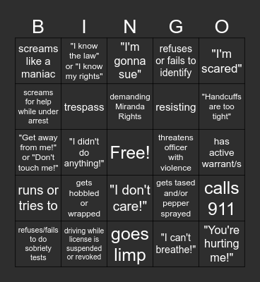 police bodycam bingo Card