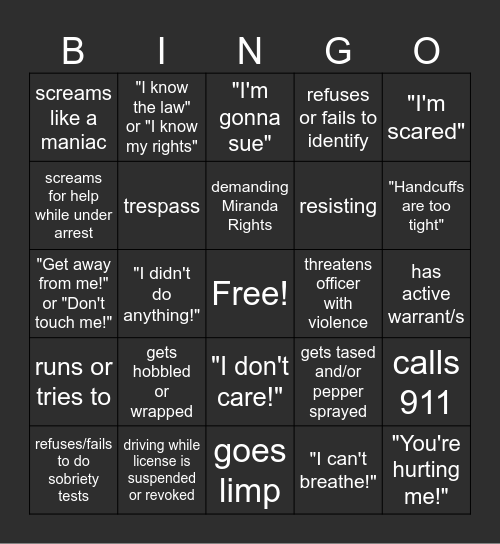 police bodycam bingo Card