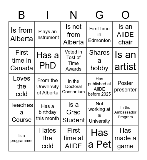 AIIDE Welcome Night Bingo Card