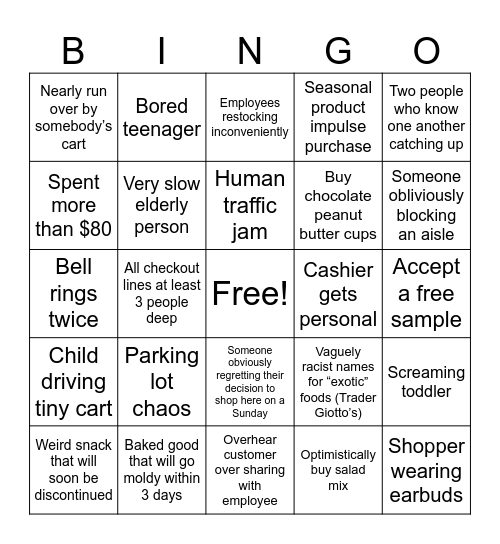 Trader Joe’s on a Sunday Bingo Card