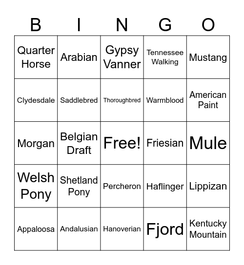 Horse Breeds Bingo Card