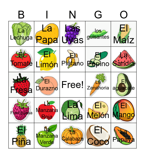 Las Frutas y Las Verduras Bingo Card