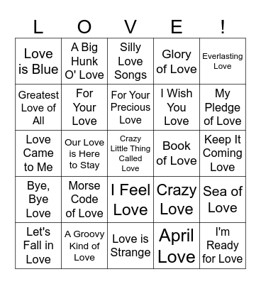 MUSIC BINGO 32 - Love, Love, Bingo Card