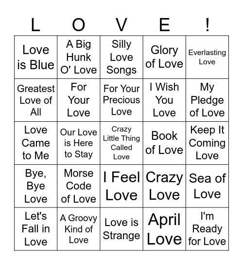MUSIC BINGO 32 - Love, Love, Bingo Card